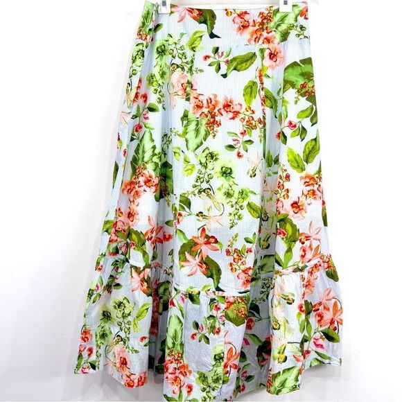 Tommy Hilfiger Blue Pinstripe Floral Print Waist Lace Up Ruffle Hem Midi Skirt - Picture 6 of 14